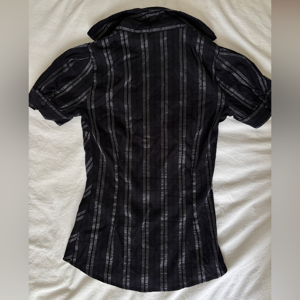 ZARA Black Button Up Shirt Blouse Short Sleeves w/ Silver Stripes - Picture 3 of 4
